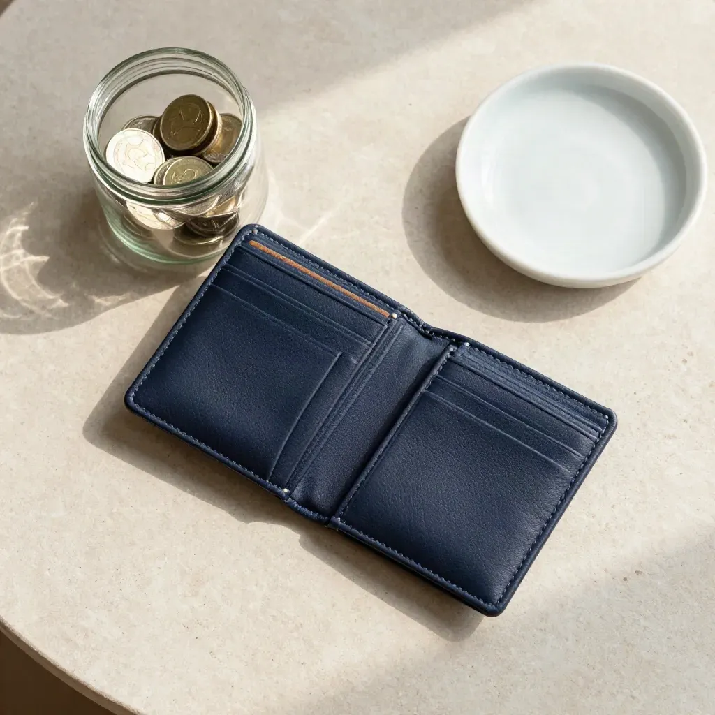 Open navy wallet beside a glass coin jar and ceramic dish on pale stone in soft daylight.