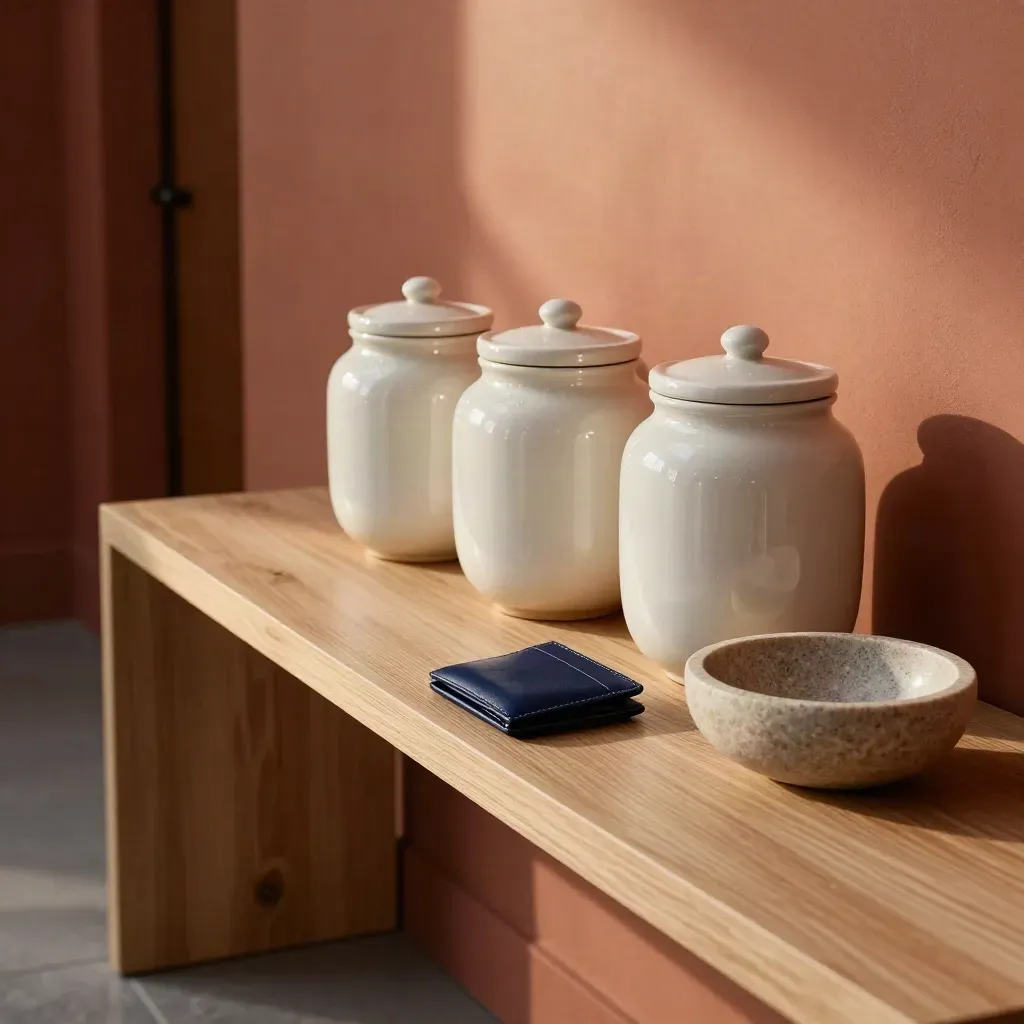 Hallway console with aligned savings jars, card wallet and stone bowl in a tidy reset