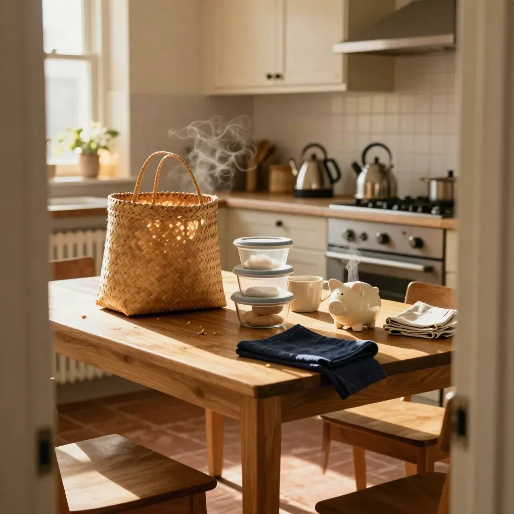 Family kitchen table reset with containers, piggy bank and steam in warm afternoon light