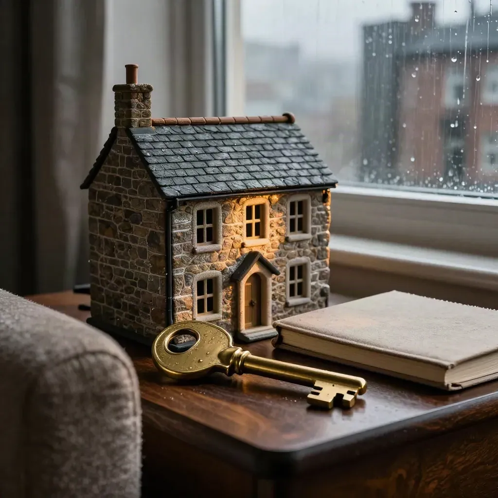 Brass key, stone house model, and closed notebook by a rain-streaked townhouse window.