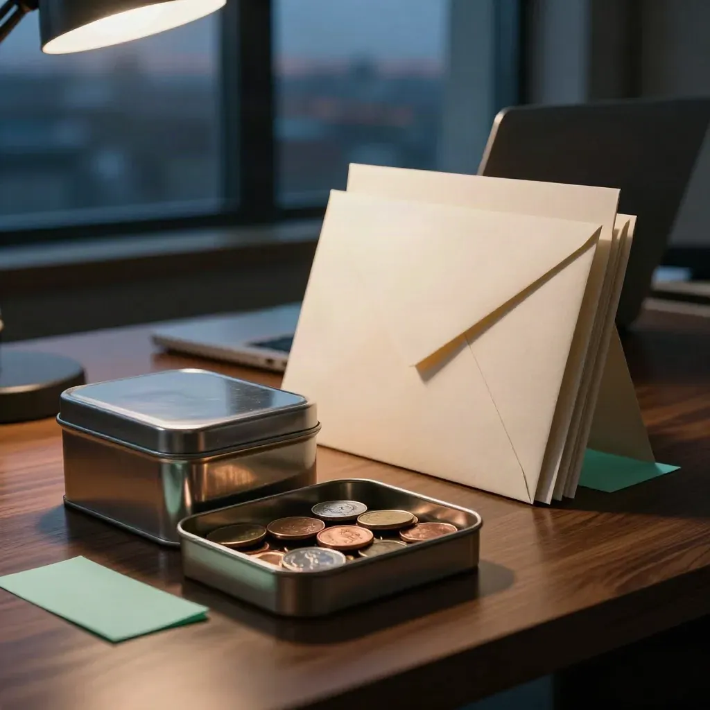 Metal cash tin, coins, envelopes and closed laptop on a walnut desk at blue hour.